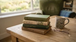 A stack of vintage hardcover books themed around English pastoral life and rural landscapes.