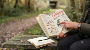 A detailed reference spread from a bird watching book focusing on waders and seabirds found along the UK coastline.