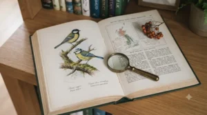 An open page of a rare natural history book showing a detailed watercolour illustration of British garden birds.