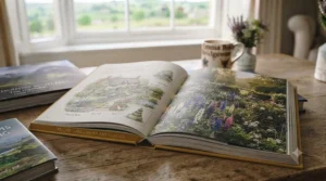 A close-up of an open book titled 'British Gardens: An Anthology', revealing a hand-drawn cottage garden plan on the left page and a vibrant photograph of a herbaceous border in full bloom on the right.