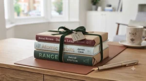 Stack of bestselling business and leadership books tied with ribbon for corporate staff gifts.