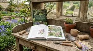 A comfortable armchair and bookshelf in a cosy English country cottage setting.
