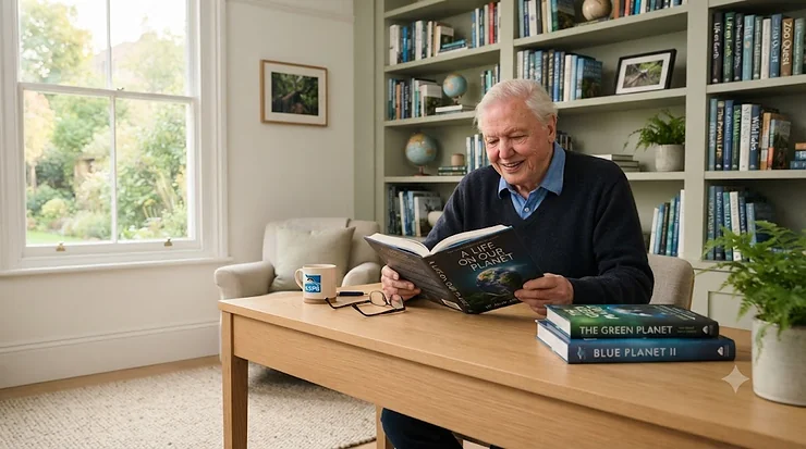 A collection of Sir David Attenborough’s natural history books displayed on a wooden shelf, featuring titles like Life on Earth and The Blue Planet. david attenborough books