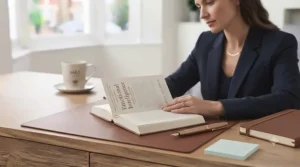 A person reading a bestselling guide on emotional intelligence and mindful leadership.