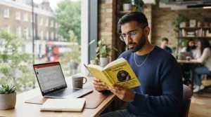 A UK entrepreneur reading a leading startup management book in a co-working space.