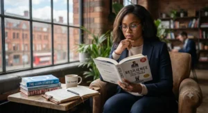 A focused founder reading a biography on entrepreneurial resilience and overcoming business challenges.