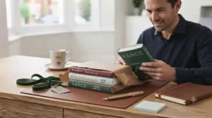 An ambitious entrepreneur unboxing a collection of strategic leadership and startup books.