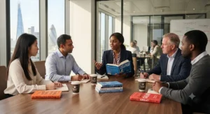 Tech entrepreneur browsing startup leadership and strategy books in a vibrant co-working space.