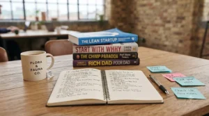 Close-up of hands holding a popular entrepreneurship book with highlighted text and sticky notes.
