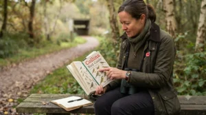 A high-quality field guide open to a page showing common British garden birds, helping beginners with identification.