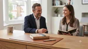 A mentor presenting an inspiring management book to a colleague in a modern British office.