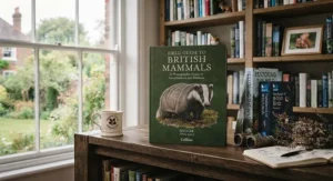 A field guide to British mammals resting on a bed of moss in a UK woodland setting.