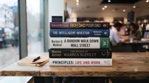 A display of authoritative books on finance and investment strategies for business leaders.