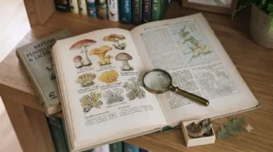 Close-up of a hardback natural history book open to a chapter on British geological formations and fossils.
