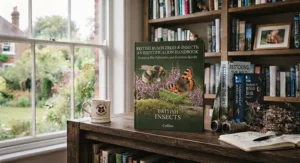 A macro photograph of a book cover focusing on bees and insects found in the UK.
