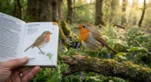 A detailed illustration showing a European Robin perched on a mossy branch, featured in a field guide for identifying common British garden birds.