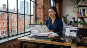 A workspace setup featuring business strategy books aimed at increasing operational productivity.
