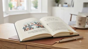 Open pages of an influential team-building and organisational culture book resting on a table.