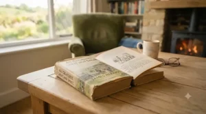 An open copy of All Creatures Great and Small on a rustic wooden farmhouse table.