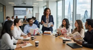 Professional reviewing a recommended leadership development book as part of a corporate training programme.