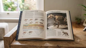 An academic text on the evolution and history of mammals, showing a timeline of species development alongside fossil illustrations.