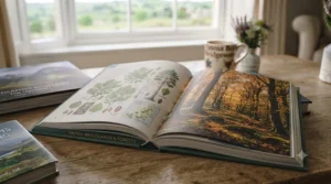A high-detail photograph of an open book titled 'British Woodlands & Forests', displaying botanical illustrations of native trees on the left and a sun-dappled, autumnal forest photograph on the right.