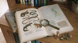 A person carefully organising and cleaning a collection of antique, cloth-bound natural history books in a personal library.