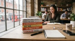 A stack of popular productivity and organisation books on a minimalist office desk.