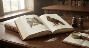 A selection of rare, leather-bound ornithology books focusing on British birds and their habitats.