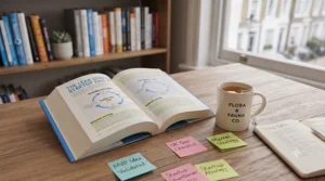 A cup of tea next to an inspirational business book, capturing a cozy home office startup setup.