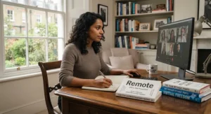 Professional working from home while referencing a modern guide on remote team leadership and communication.