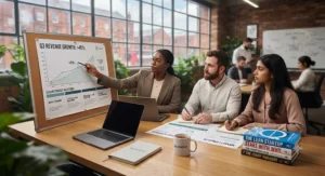 Growth charts and strategy notes illustrating how to scale a small business in the UK market.