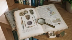A desk scene with a magnifying glass, fountain pen, and an open scientific natural history book featuring anatomical sketches.