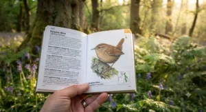 A detailed illustration of an Eurasian Wren, included in a guide to assist in the identification of bird species relevant to the UK.