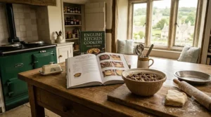 An open book about seasonal gardening tips displayed on a potting bench.