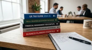 Close-up of financial management and tax planning books geared towards UK small businesses.