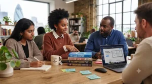A diverse group of entrepreneurs discussing strategy over recommended business books in a modern office.