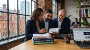 A selection of business strategy books detailing financial planning and commercial success for British businesses.