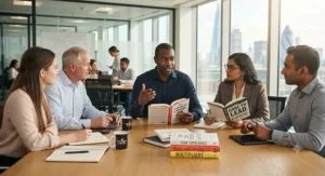Line manager holding a team management book during a collaborative workplace training session in the UK.