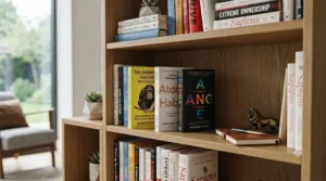 A collection of popular leadership and team management paperbacks arranged on a wooden bookshelf.