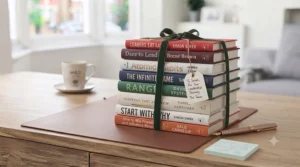 A varied stack of recommended leadership books ready to be given as professional development gifts.
