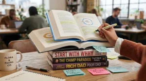 A young British entrepreneur taking notes while reading a beginner business guide in a London co-working space.