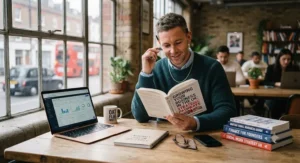 A British entrepreneur reading a guide on business growth in a modern London co-working space.