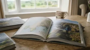 A detailed open guide book on a rustic table, displaying a topographical map of the South West Coast Path on the left page and a photograph of a hiker on the cliffs on the right.