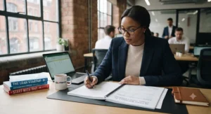 An entrepreneur reviewing a business plan and financial forecast for a new UK company.