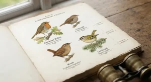 An open page from a vintage British bird field guide displaying hand-painted illustrations of native garden species.