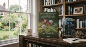 A detailed wildflower identification book for the British countryside with colourful petals nearby.