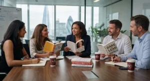 Diverse group of female professionals discussing inspiring books on women in leadership and career progression.
