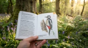 A detailed illustration of a Great Spotted Woodpecker on a tree trunk, used for identifying woodland bird species found in the British countryside.