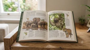 A comprehensive, hardback encyclopedia open to a spread detailing the diverse range of mammals found around the world.